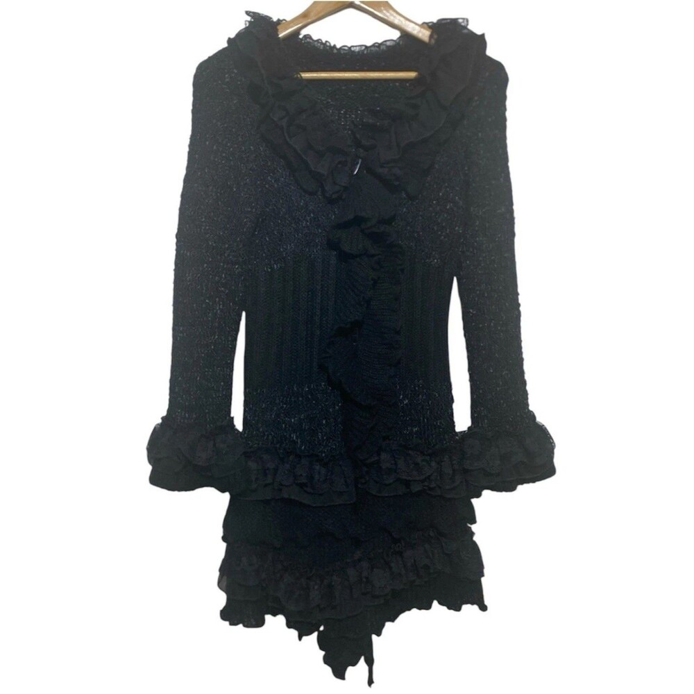 Vtg Y2K Cardigan Sweater Womens Black Tiered Lace Knit Ruffled Fairy Whimsigoth